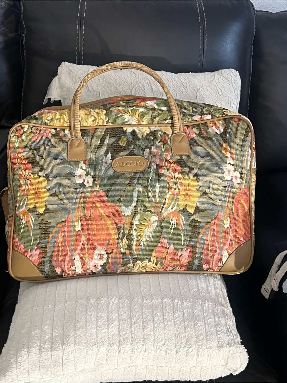 Adolfo Floral Needlepoint Travel Bag in Green, Coral & Tan